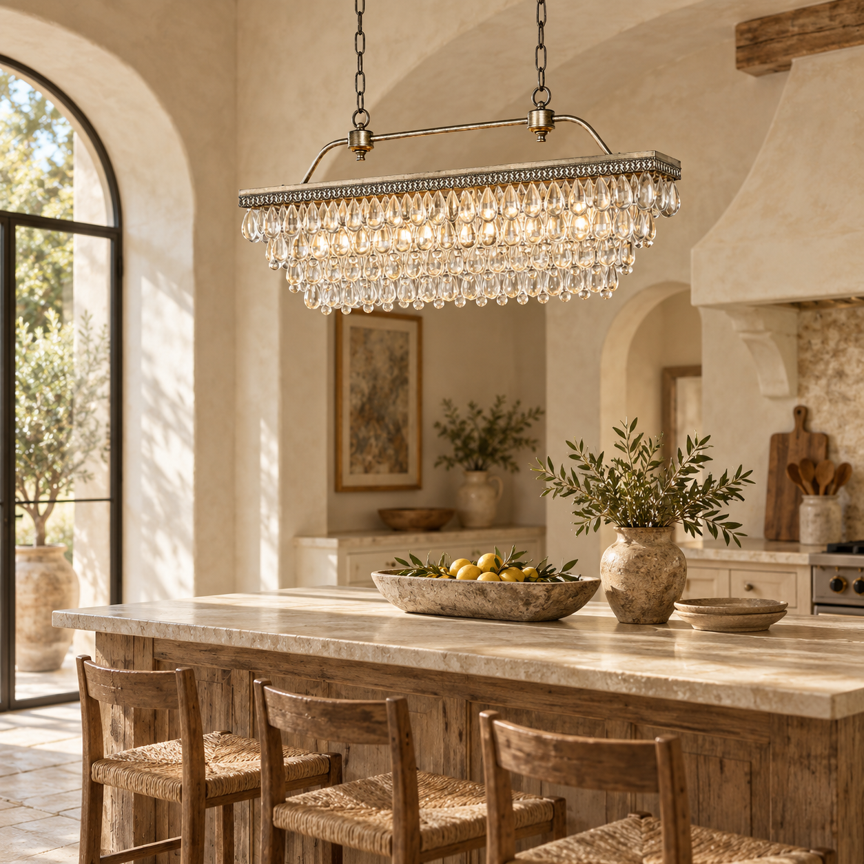 Asteral rectangular glass crystal chandelier above dining table