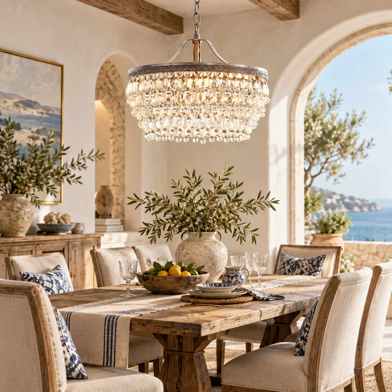 Asteral round crystal chandelier in Mediterranean dining room