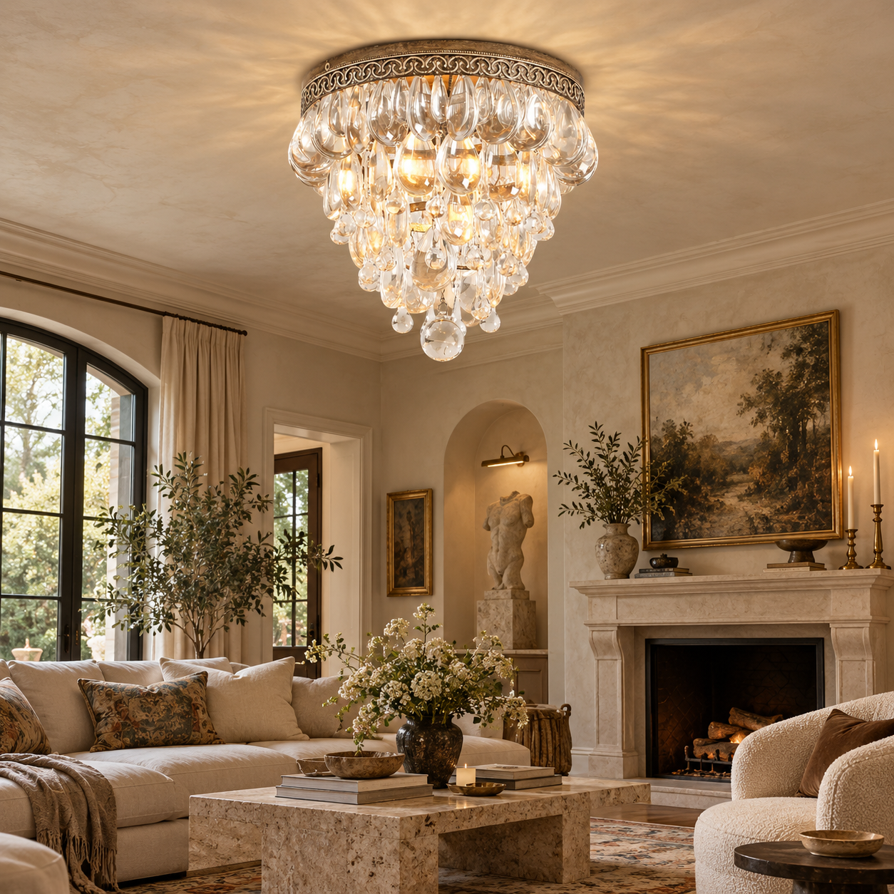 Ivoreneron luxury crystal ceiling light installed in an elegant Mediterranean-style bedroom