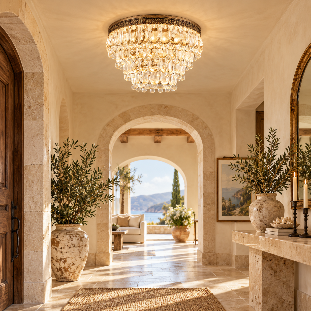 Ivoreneron crystal flush mount ceiling light with clear raindrop glass crystals and ornate metal frame