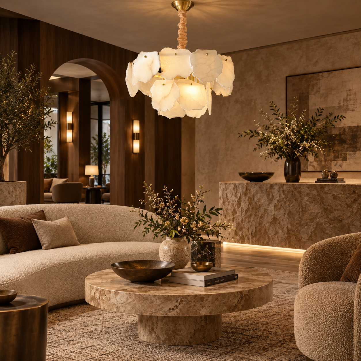 Mediterranean villa interior with natural alabaster chandelier lighting