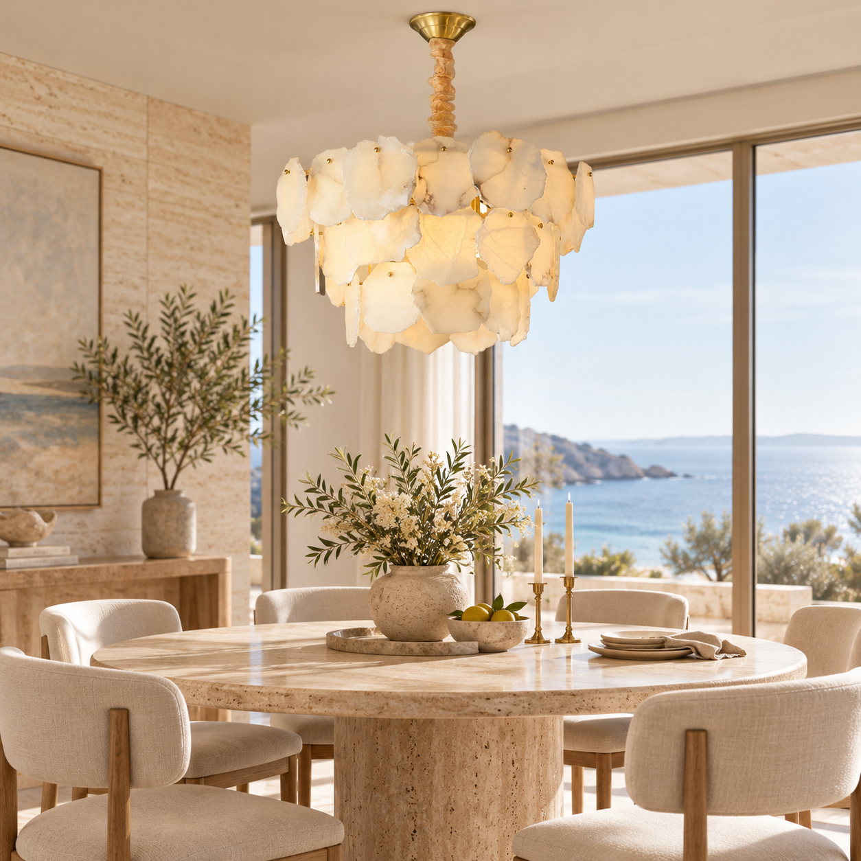 Luxury hotel lobby featuring custom alabaster stone chandelier
