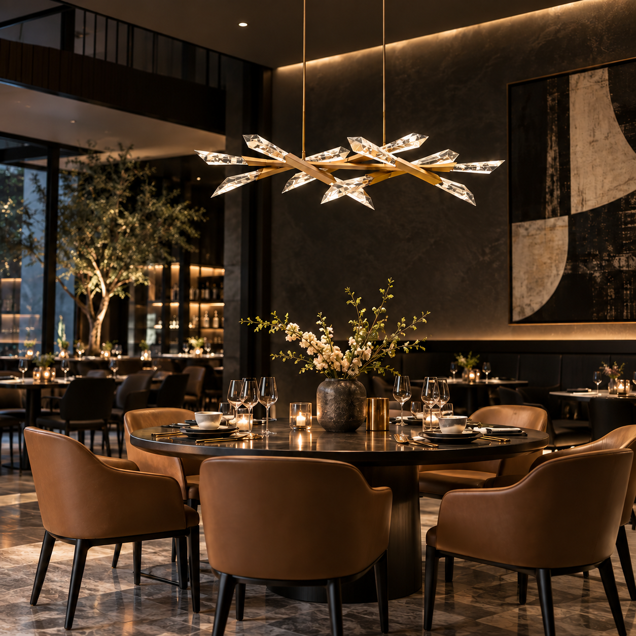 Davenessa linear crystal chandelier installed above a luxury restaurant dining table