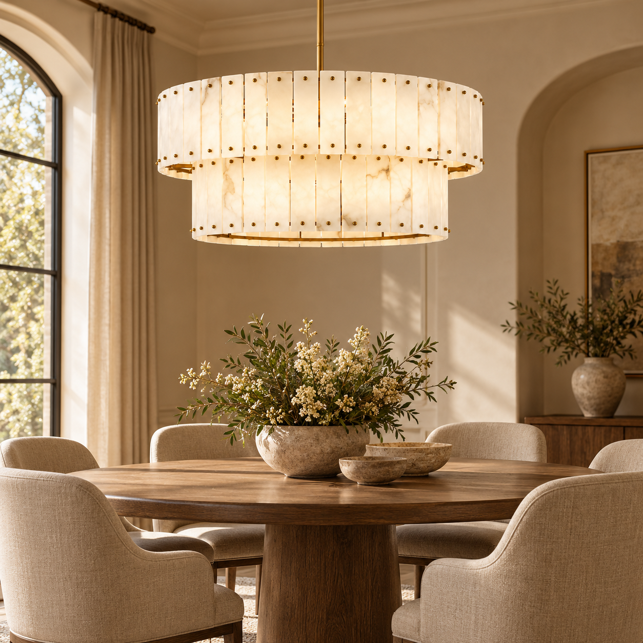 Feranon alabaster tiered chandelier in luxury dining room