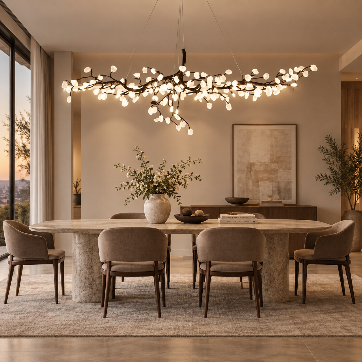 Levarenvale crystal branch chandelier above a modern luxury dining table