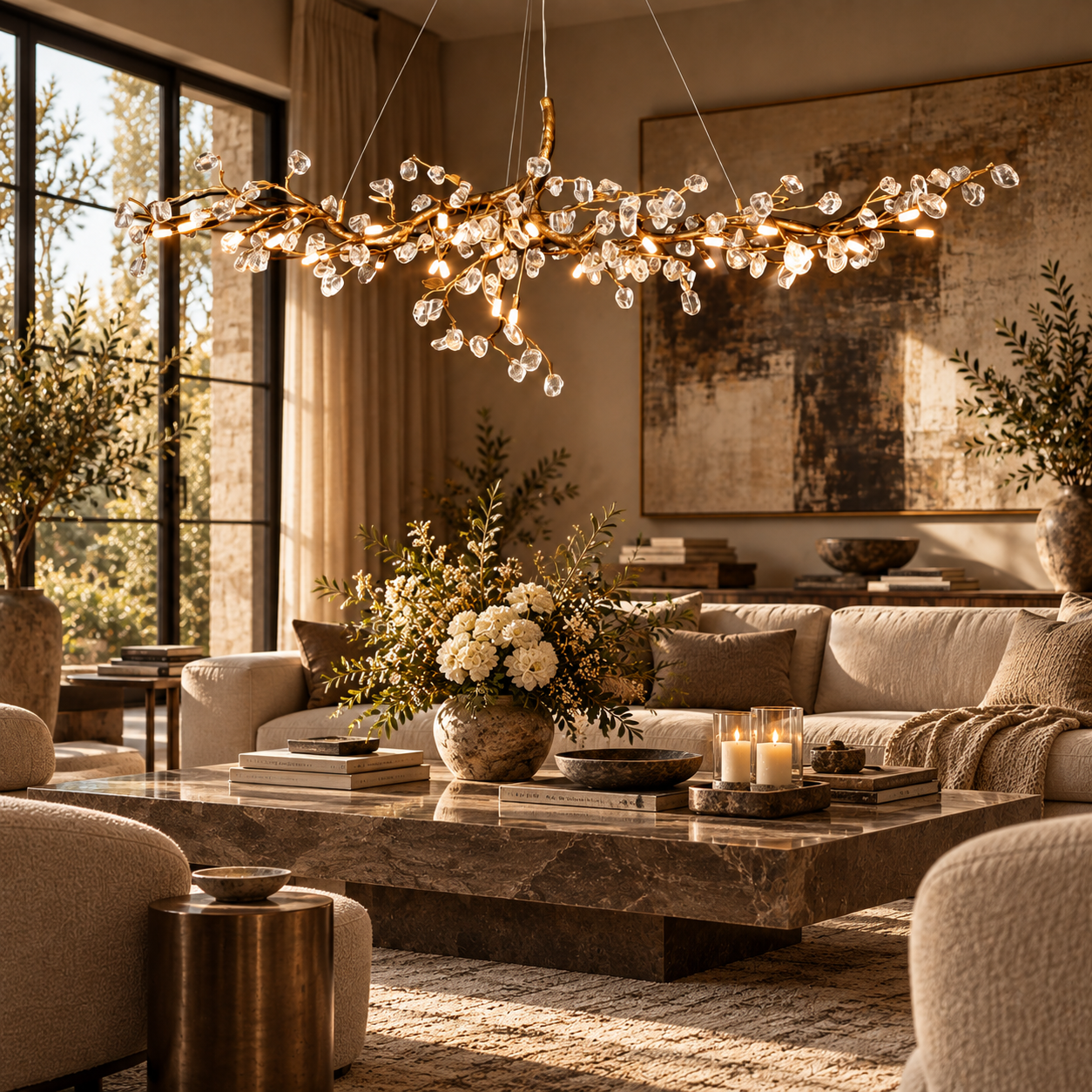 Levarenvale handcrafted branch chandelier in an elegant contemporary living room