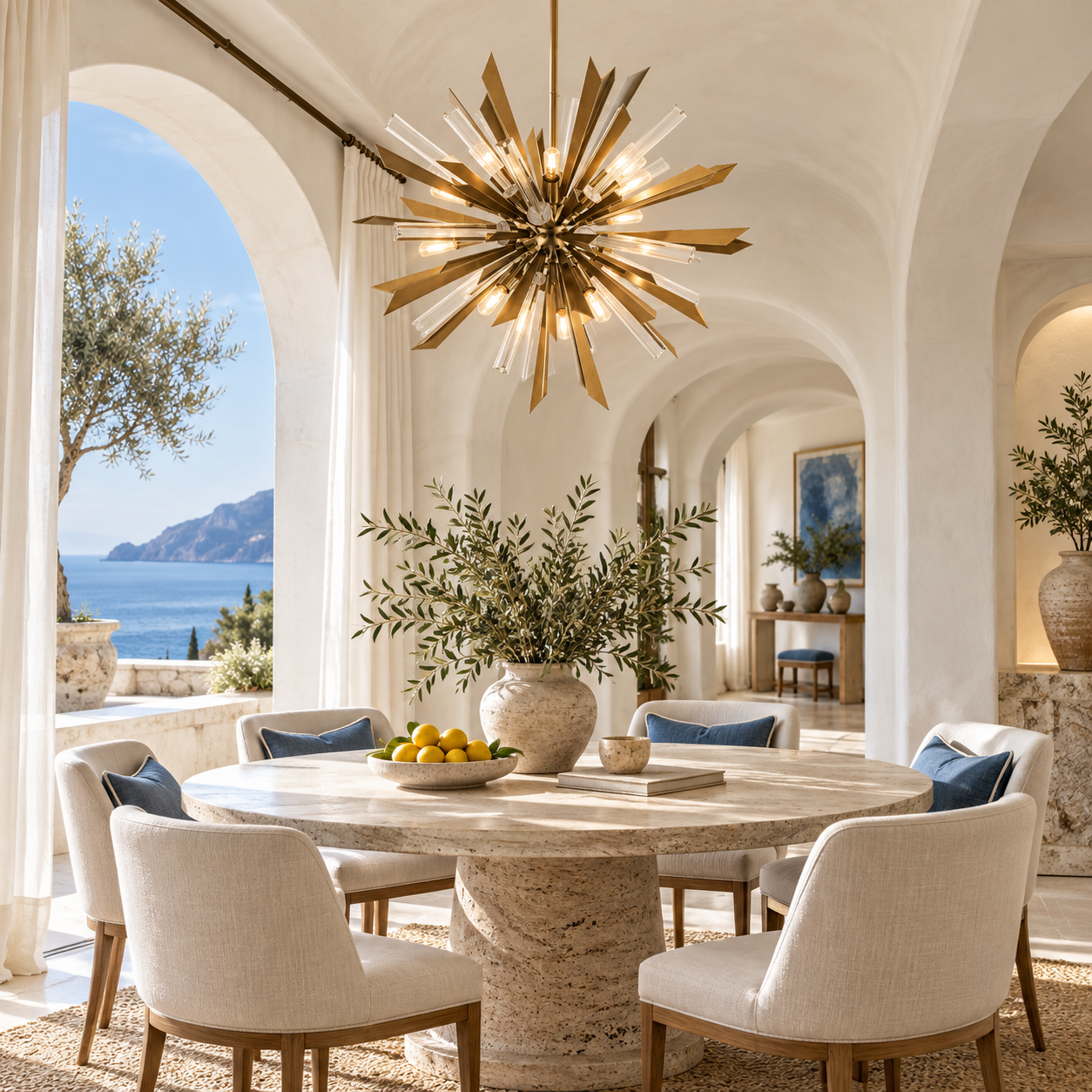 Morianidge Natural Quartz Crystal Chandelier with brass-finished steel starburst design