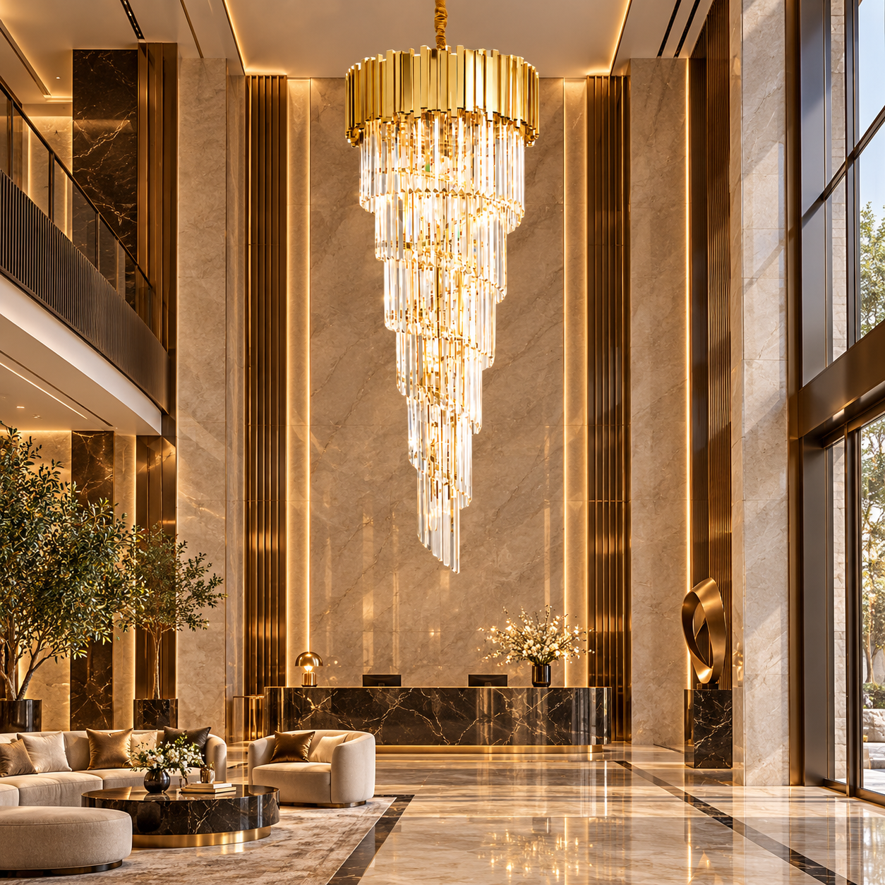 Nerianaire foyer crystal chandelier installed in a luxury villa entrance hall