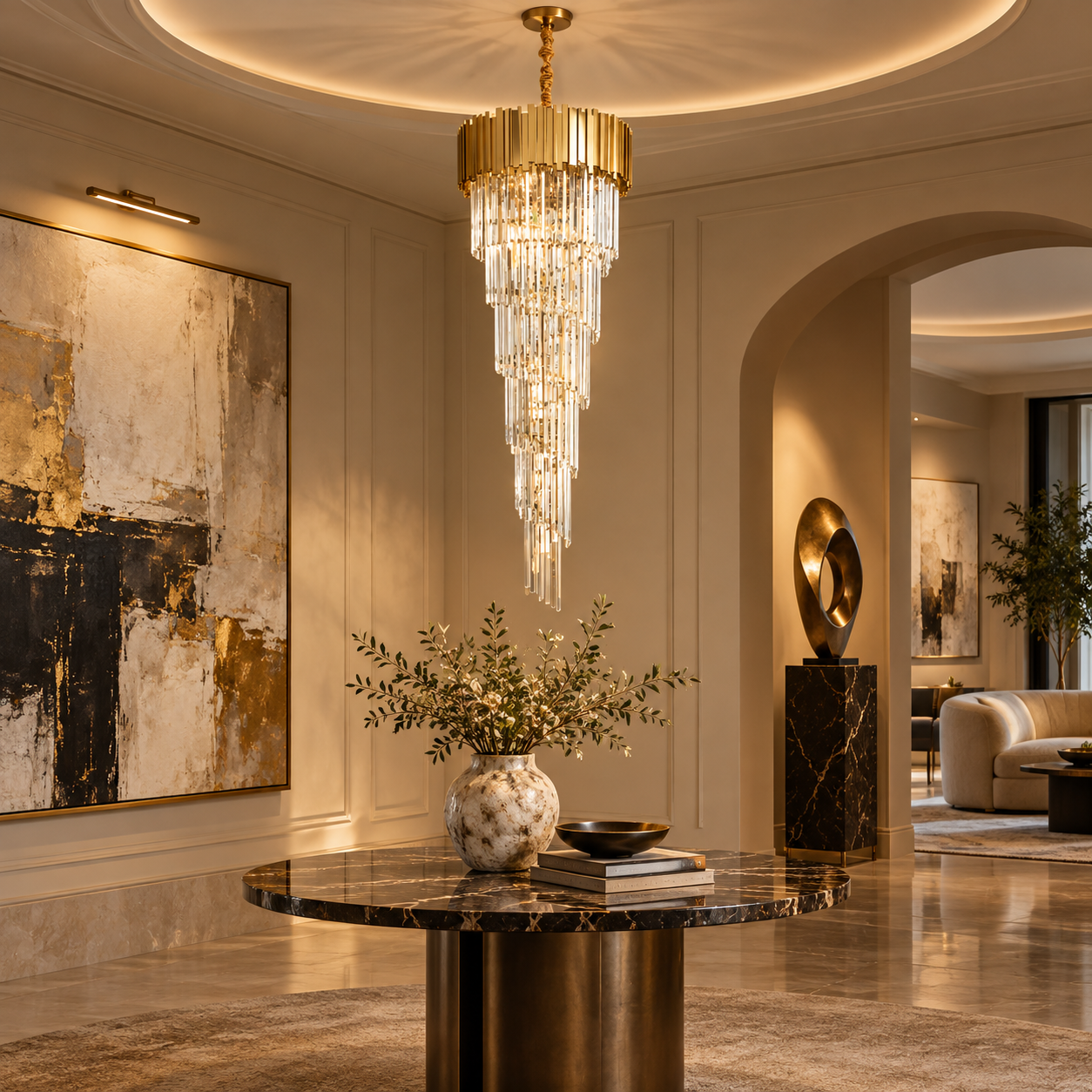 Nerianaire large hotel lobby chandelier with cascading spiral crystal design