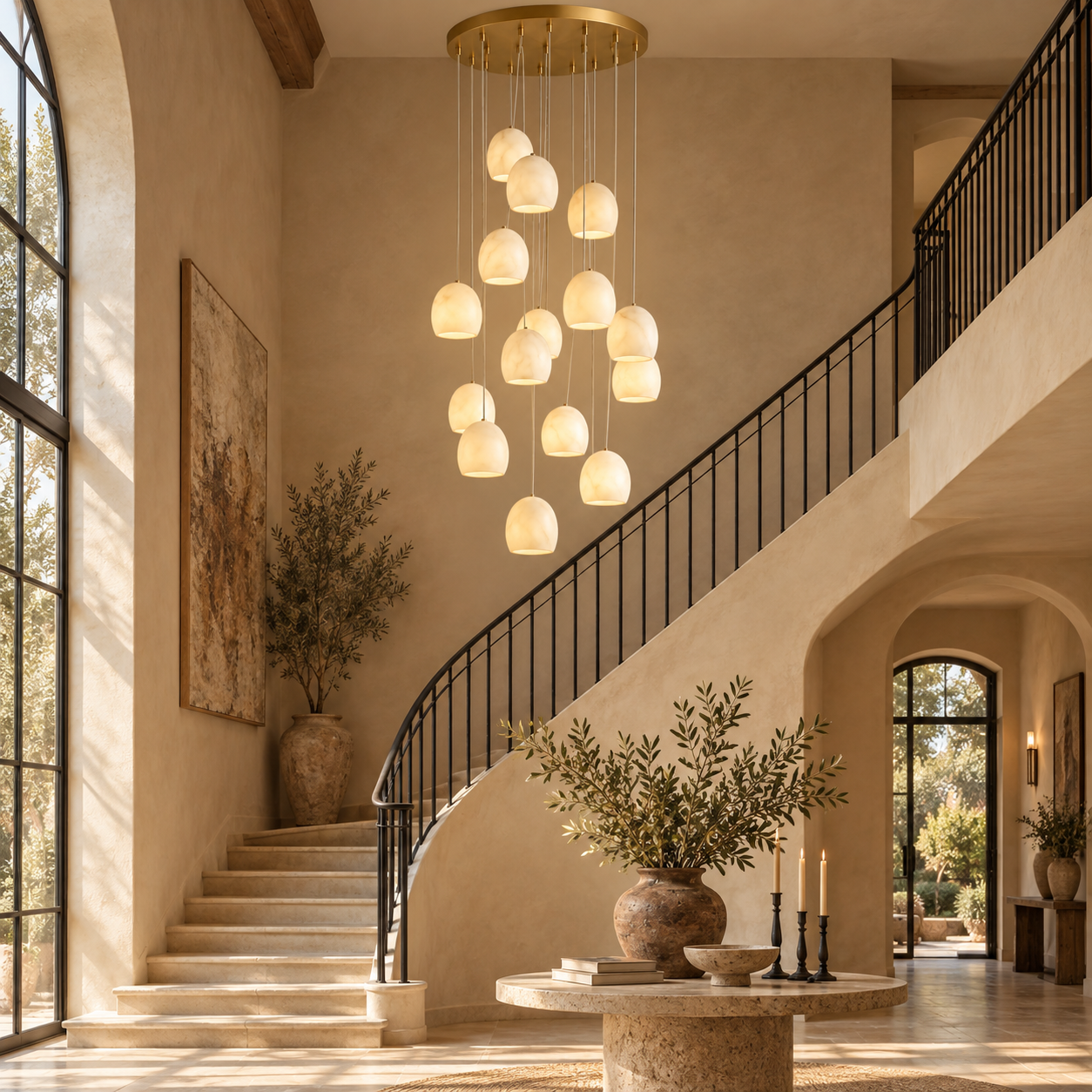 ：Noreniridge 15-light round alabaster chandelier in luxury staircase foyer