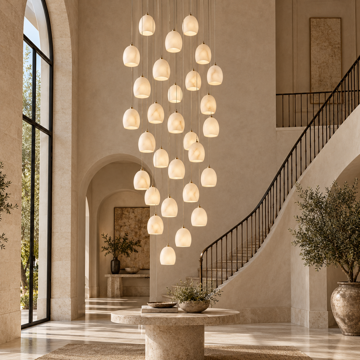 Noreniridge 36-light alabaster chandelier for double-height staircase lighting