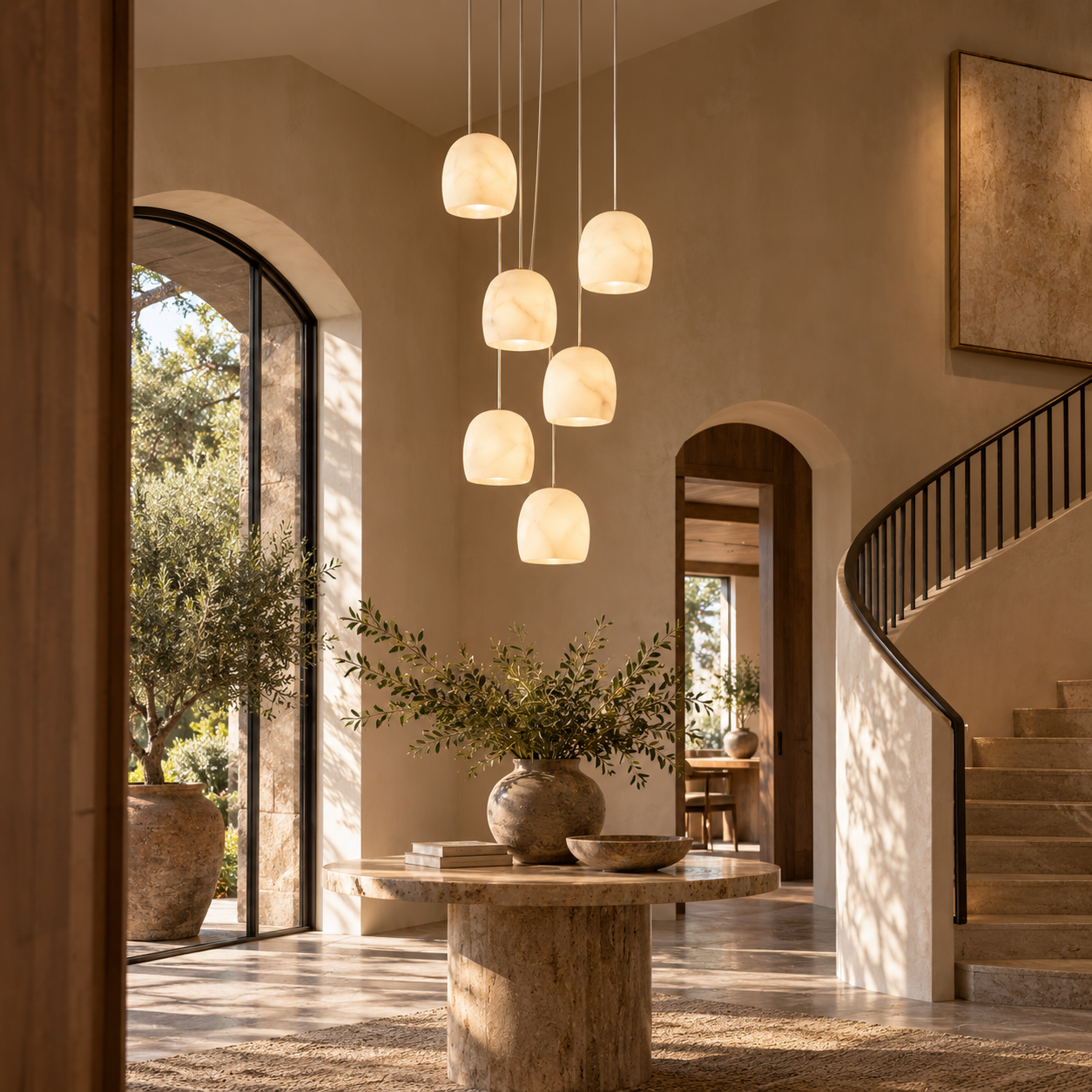 Noreniridge seven-light adjustable alabaster chandelier in luxury villa foyer