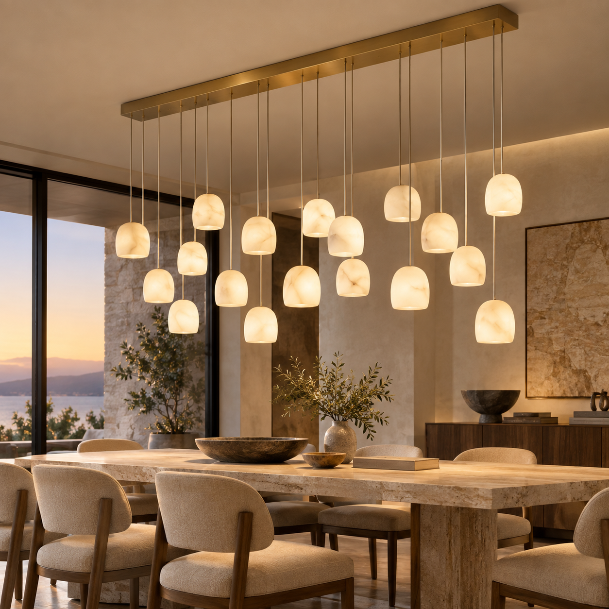 Noreniridge custom alabaster chandelier with 15 adjustable pendant lights in luxury dining room