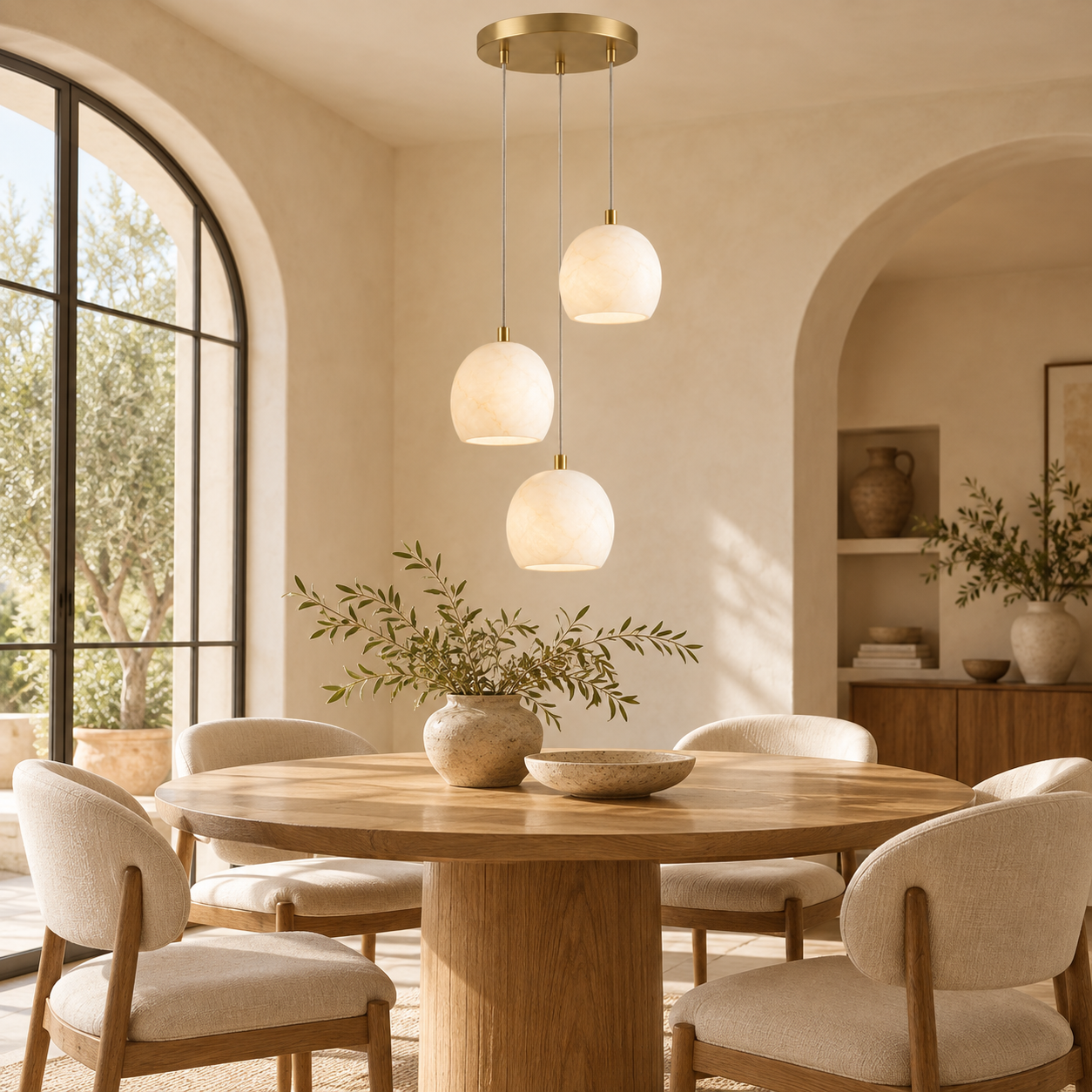 Noreniridge natural alabaster pendant chandelier above modern dining table