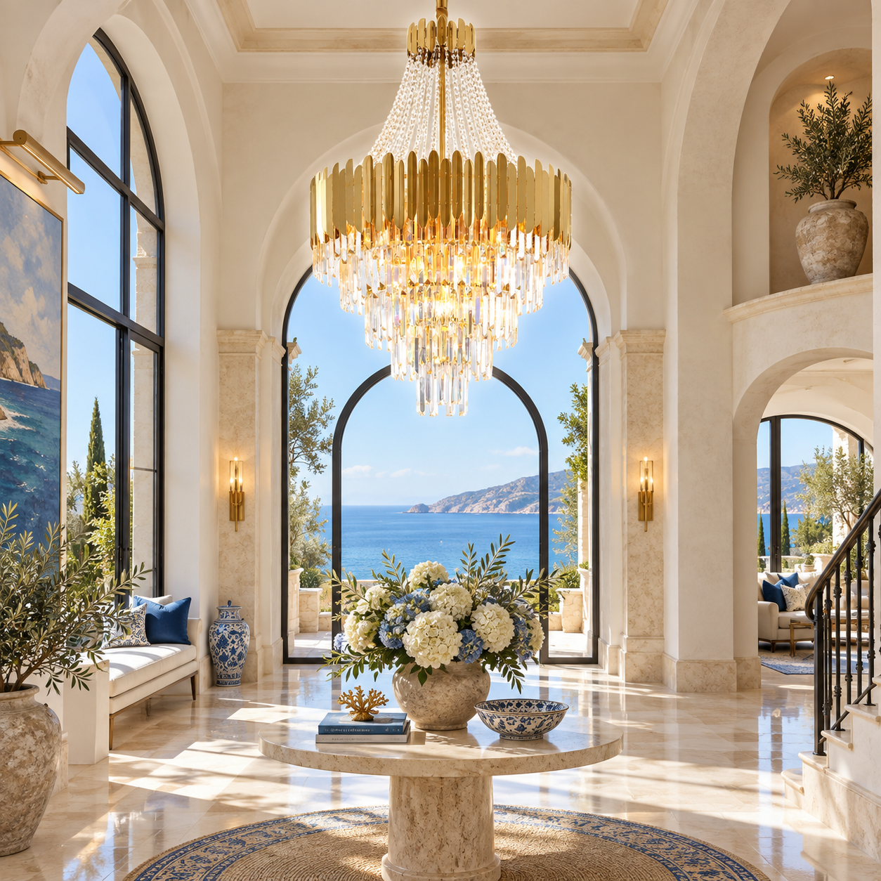 Pevrandore tiered crystal chandelier with gold iron frame and clear K9 crystal prisms