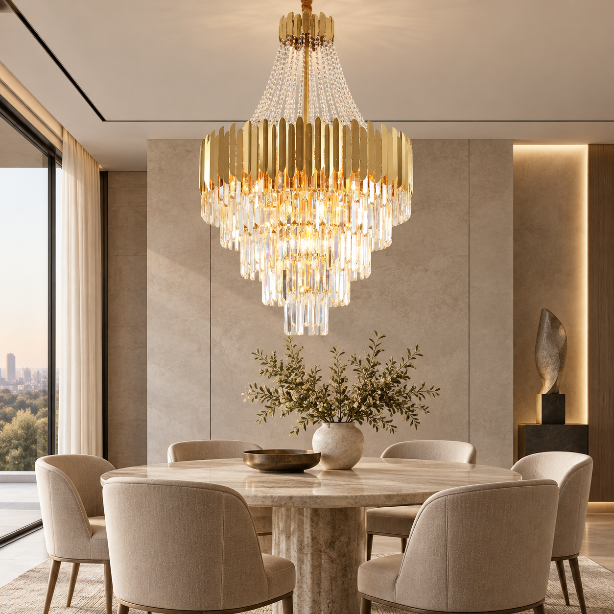 Pevrandore foyer crystal chandelier installed in a luxury Mediterranean-style entrance