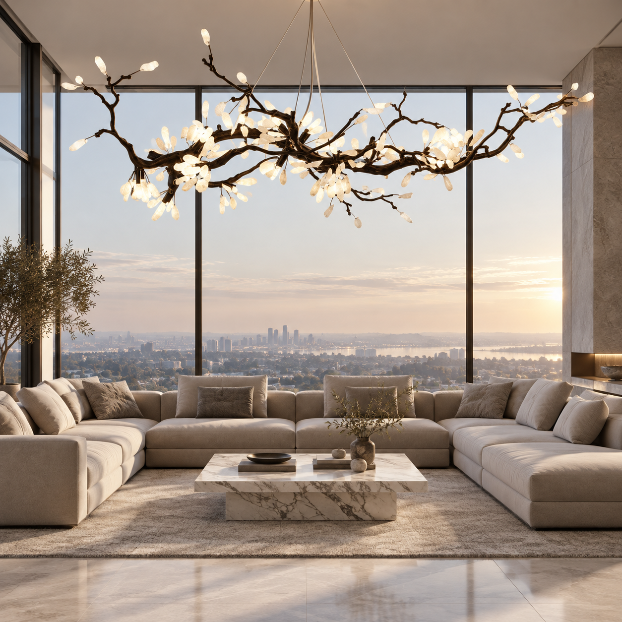 Fresenon selenite branch chandelier in a spacious modern living room