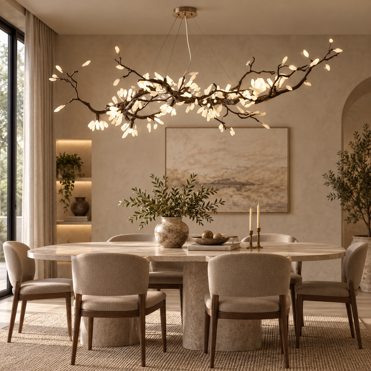 Fresenon custom branch chandelier above a luxury dining area with panoramic windows