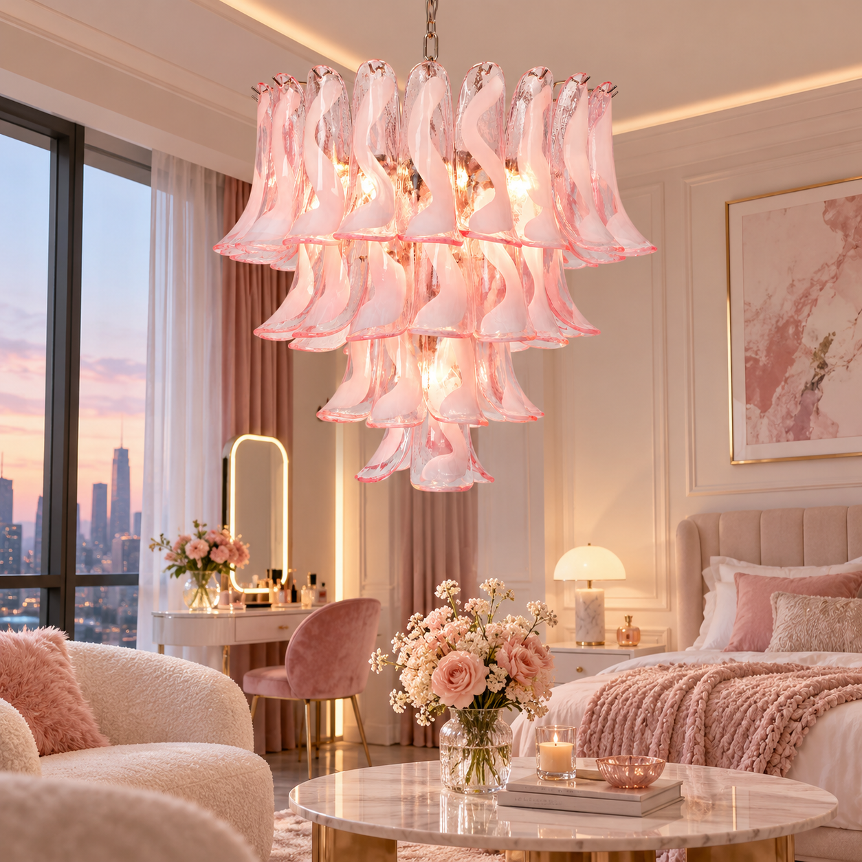 Korianora Pink Glass Chandelier in an artistic luxury living room