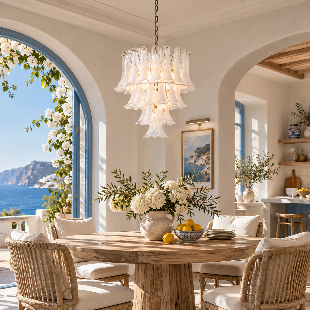 Korianora White Layered Glass Chandelier in Mediterranean interior