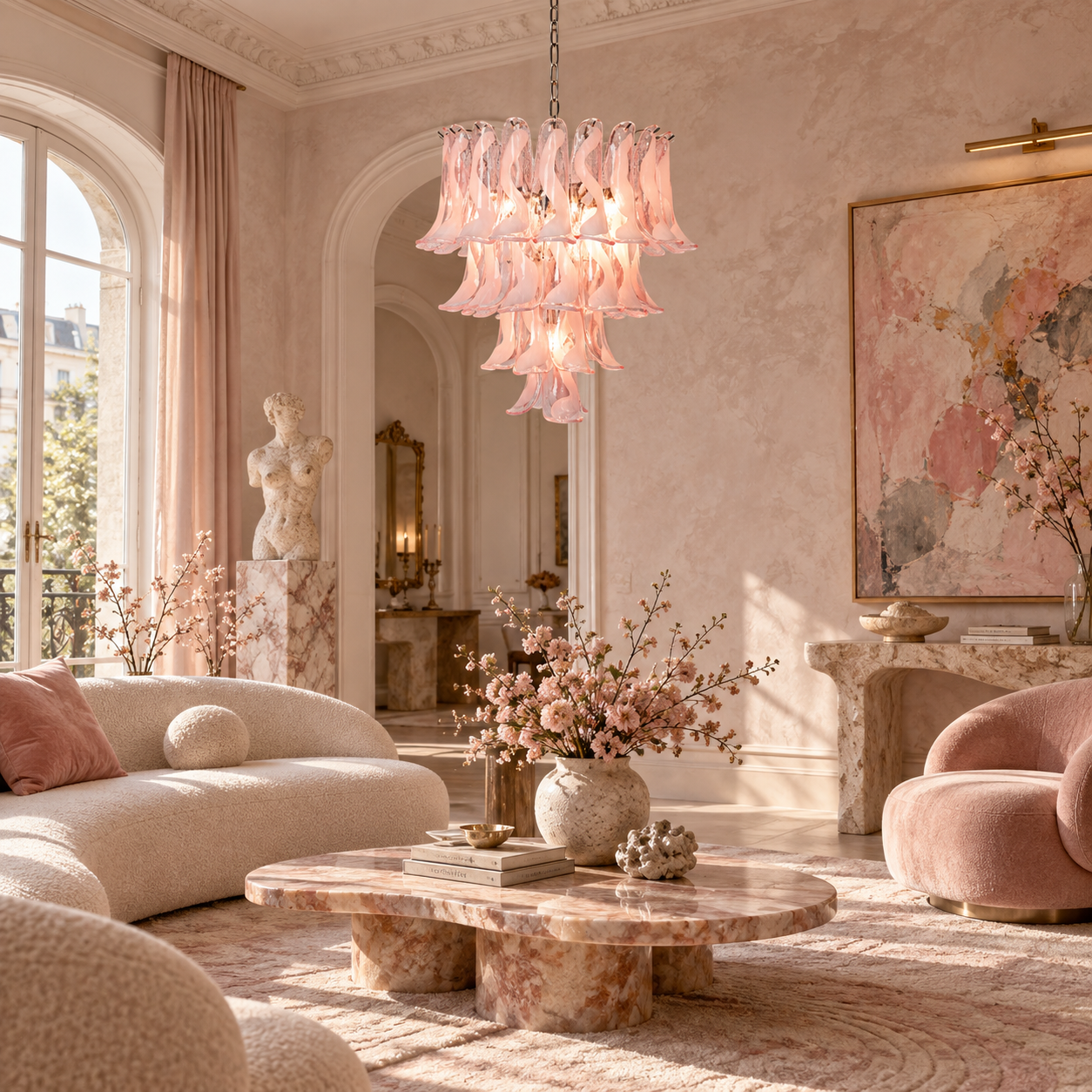 Korianora Layered Glass Chandelier with sculptural pink glass shades