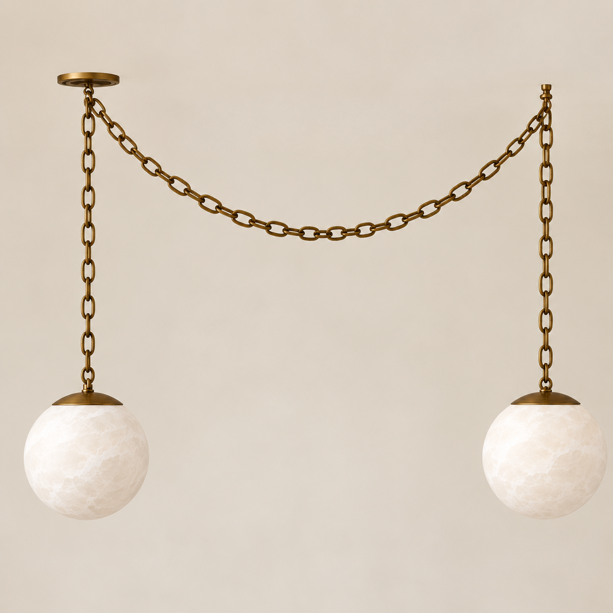 Custom chain chandelier with two alabaster globe pendants