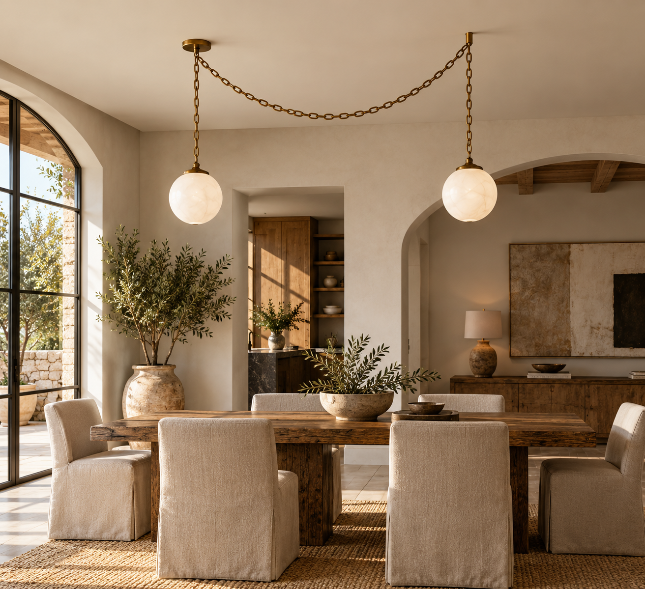 Custom chain chandelier above luxury dining table