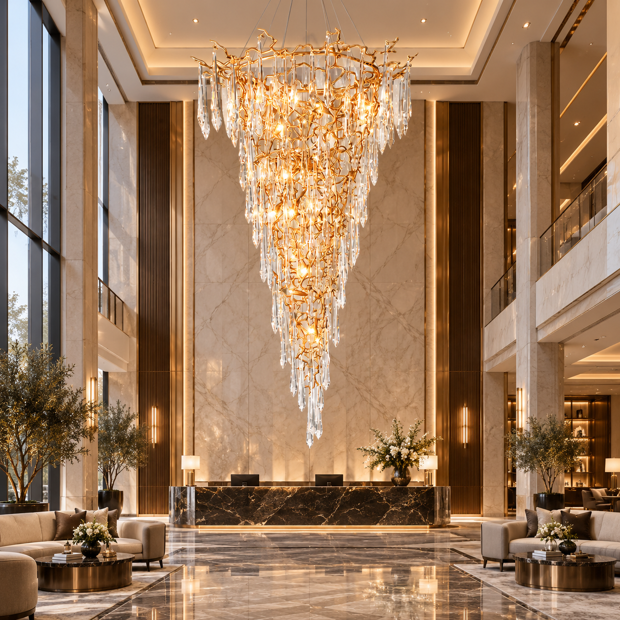 Redanessa staircase crystal chandelier installed in a double-height luxury villa foyer