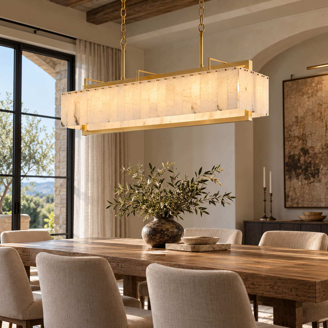 Warenvane linear alabaster chandelier in a contemporary dining room