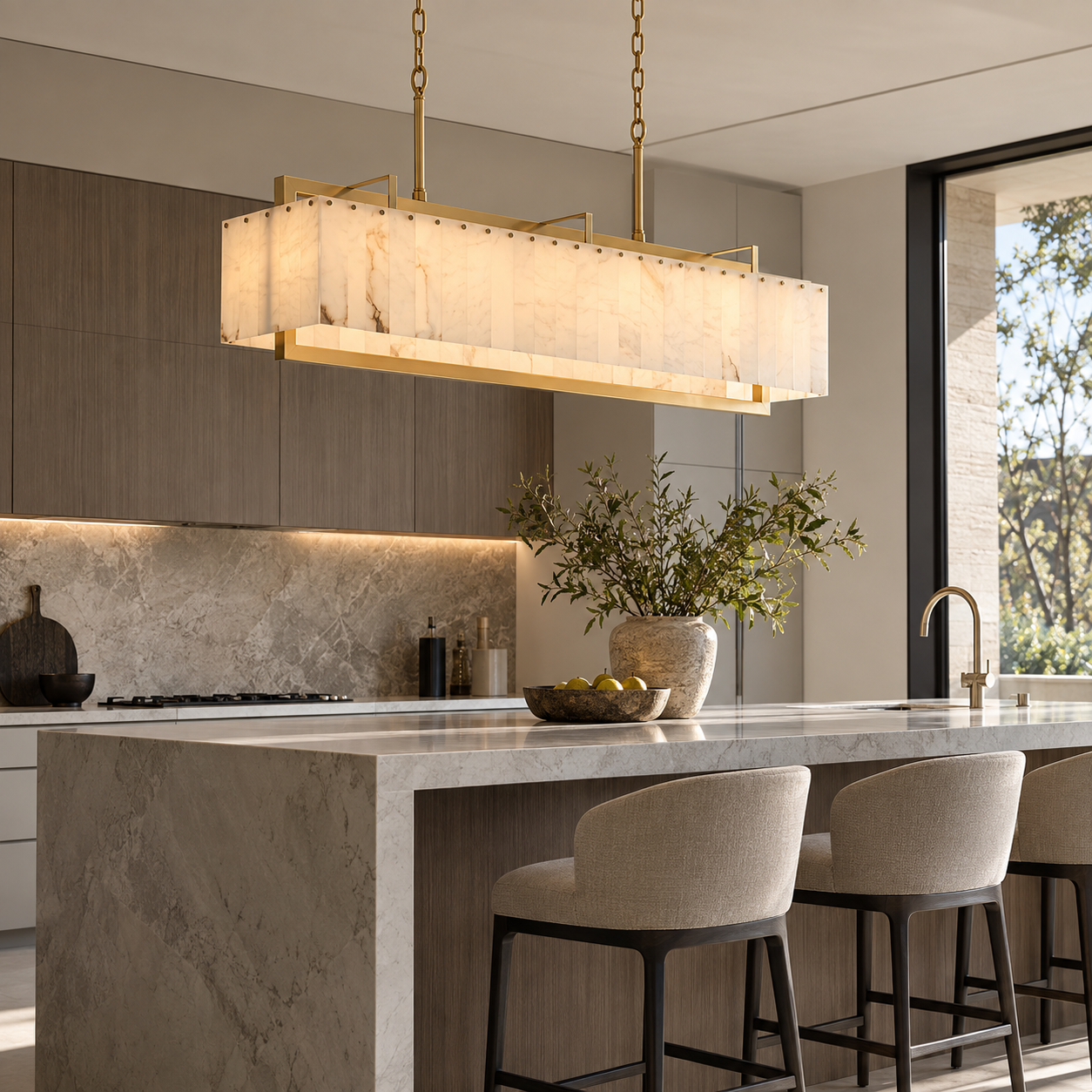 Alabaster rectangular chandelier above a modern kitchen island