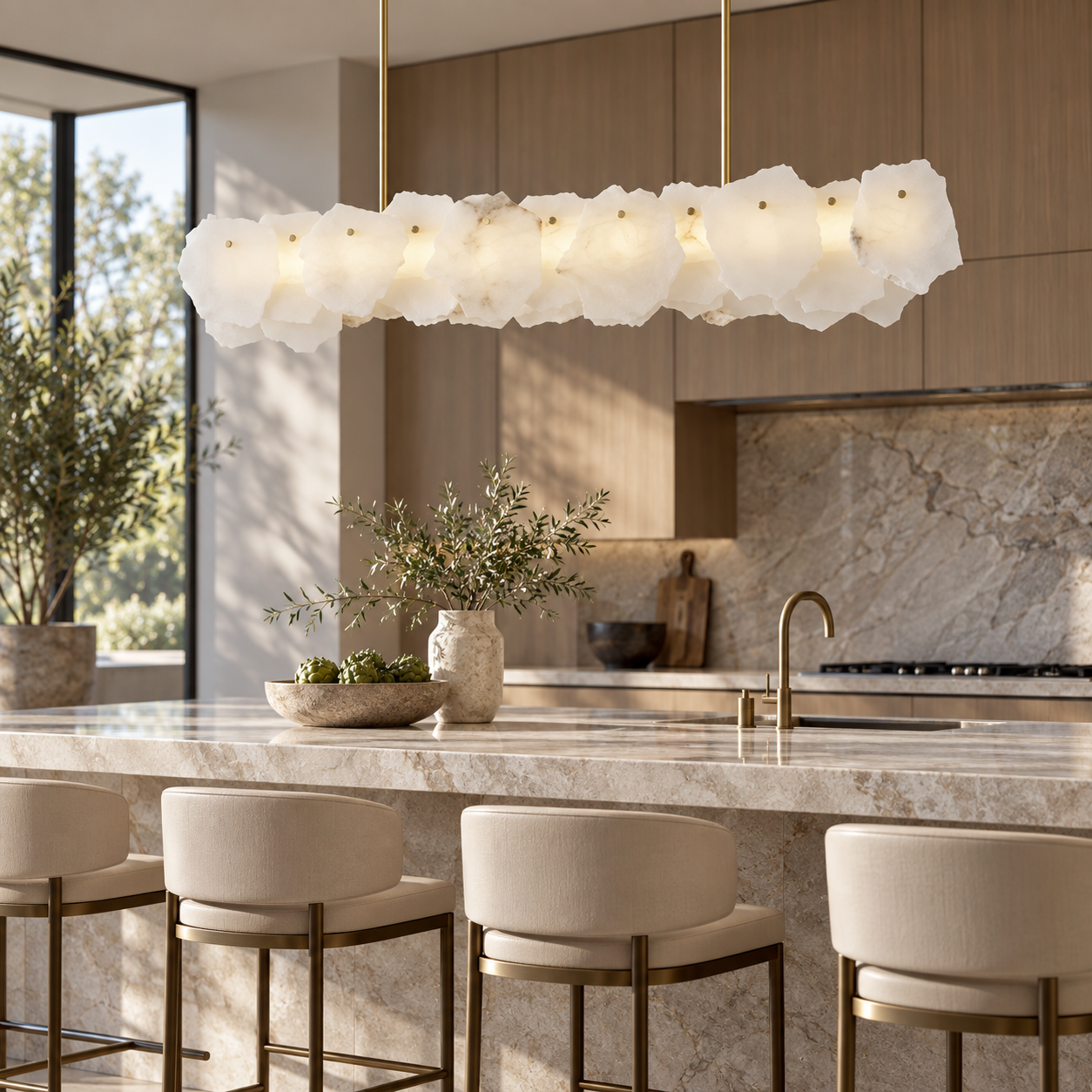 Wavreniar linear alabaster chandelier above a modern kitchen island