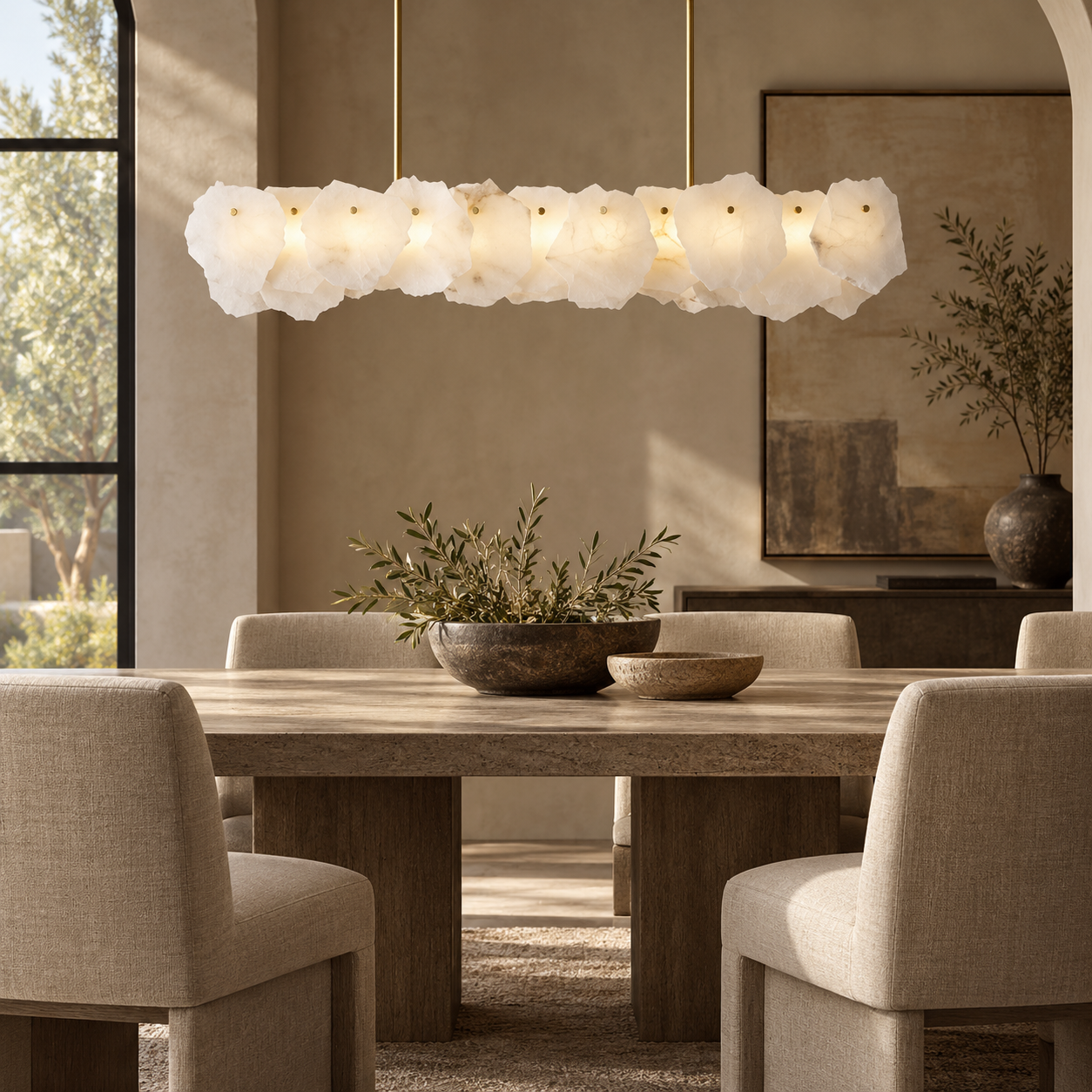 47 inch Wavreniar alabaster pendant light in luxury dining room