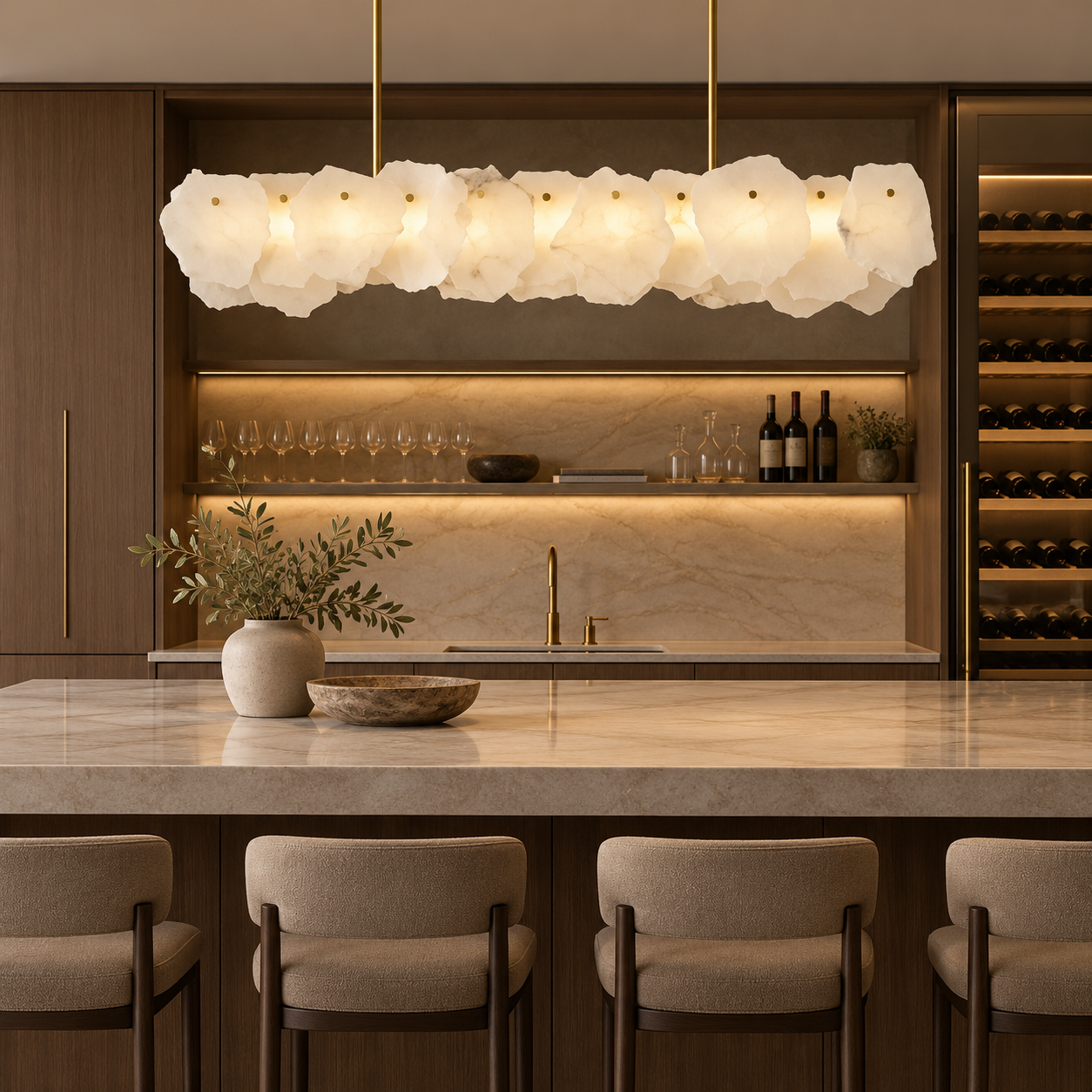 Luxury alabaster kitchen island chandelier with modern wine cabinet