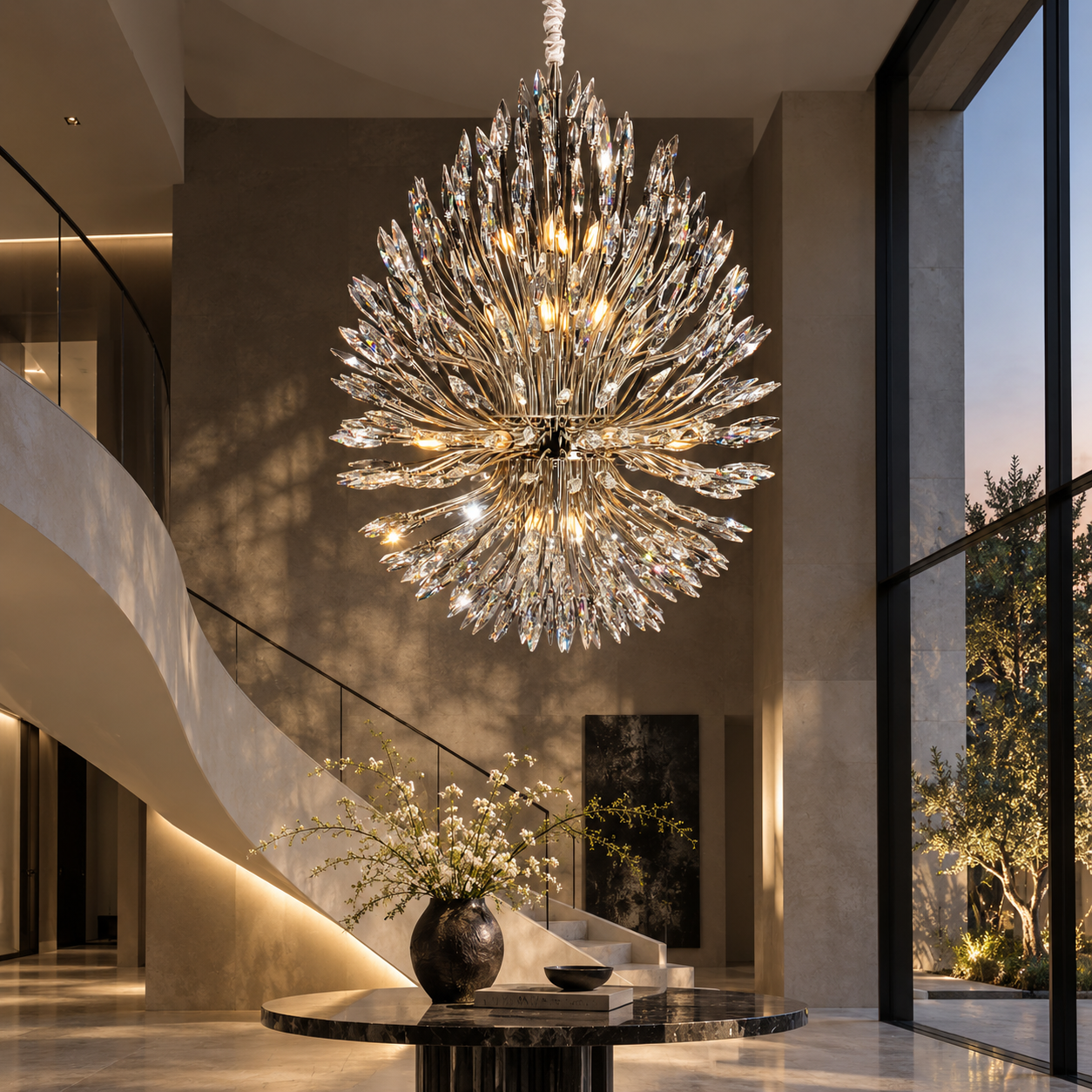 Xyrenieo Crystal Starburst Chandelier with polished nickel finish and layered crystal leaves