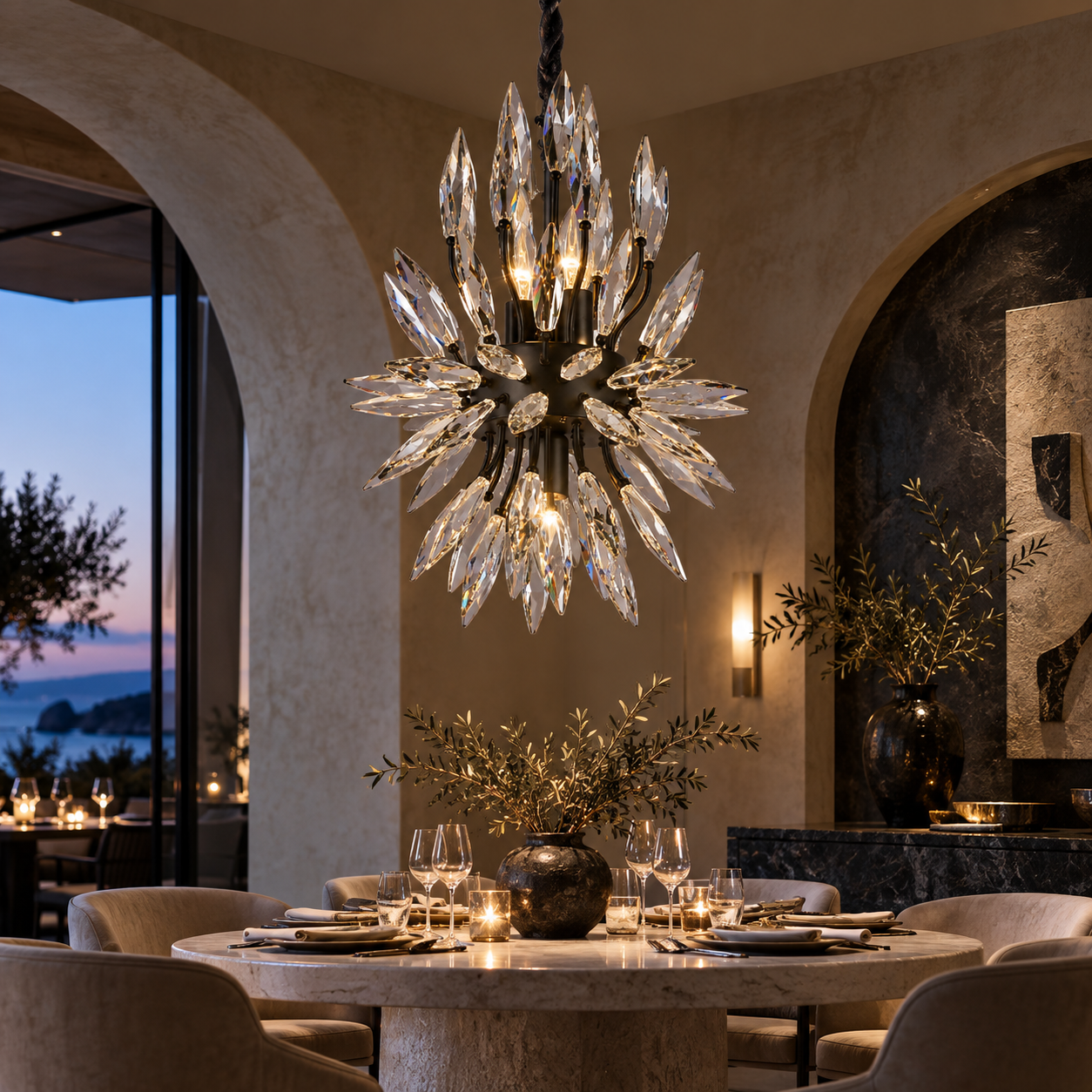 Xyrenieo luxury crystal chandelier installed in a modern hotel lobby interior